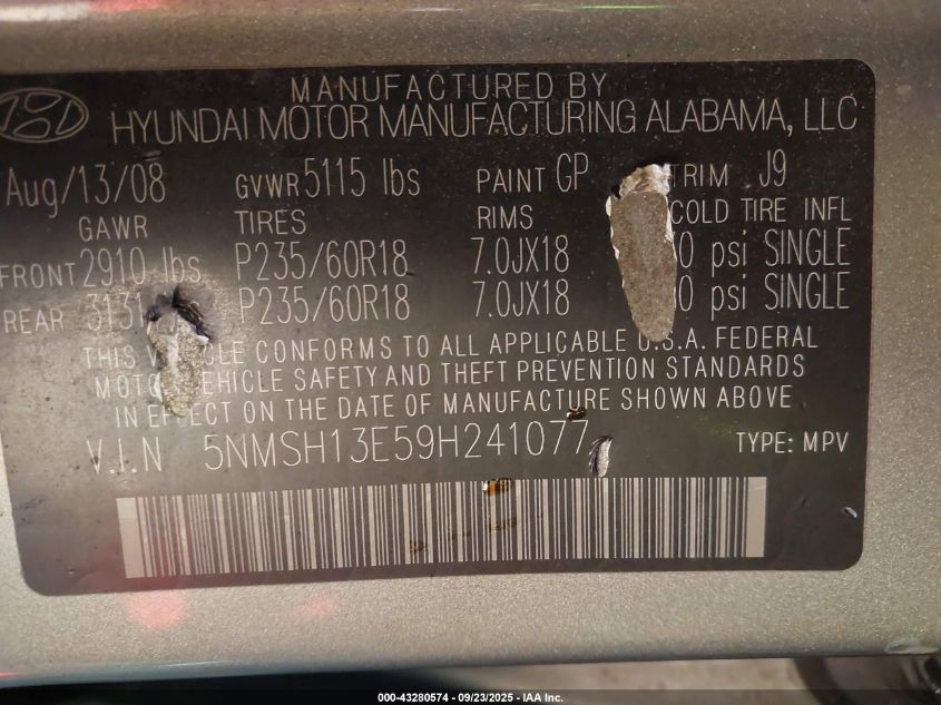 2009 Hyundai Santa Fe Se VIN: 5NMSH13E59H241077 Lot: 43280574