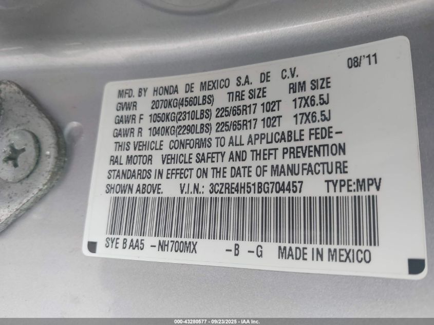 2011 Honda Cr-V Ex VIN: 3CZRE4H51BG704457 Lot: 43280577