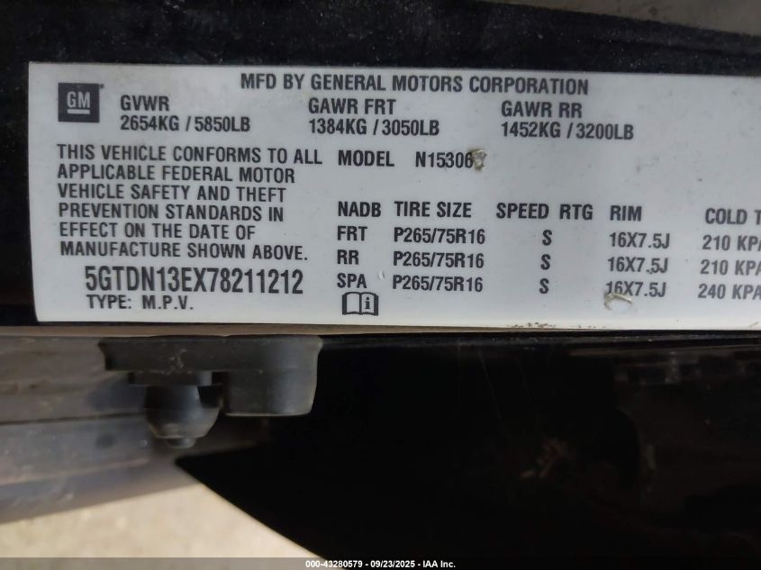 2007 Hummer H3 Suv VIN: 5GTDN13EX78211212 Lot: 43280579