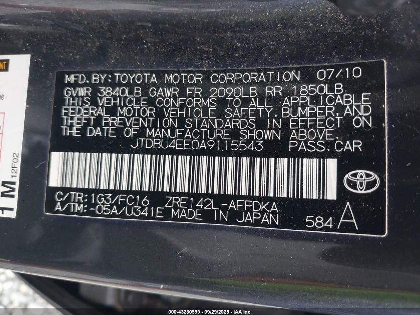 2010 Toyota Corolla Le VIN: JTDBU4EE0A9115543 Lot: 43280599