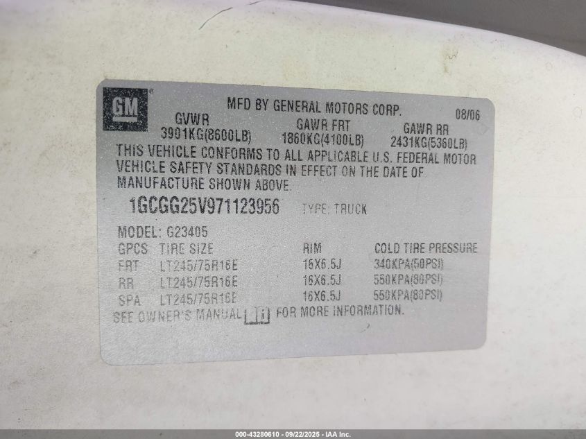 2007 Chevrolet Express Work Van VIN: 1GCGG25V971123956 Lot: 43280610