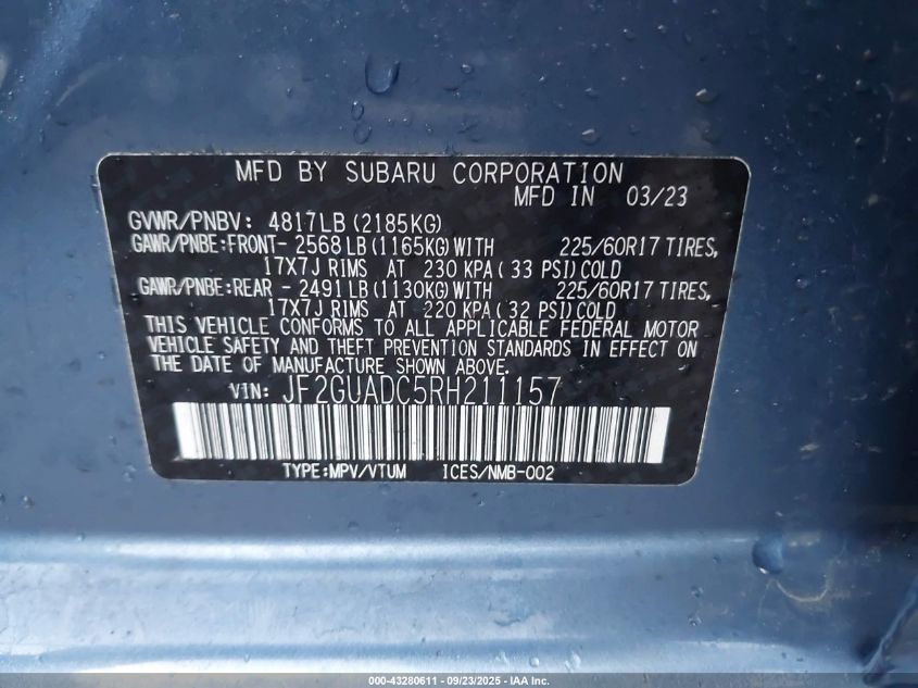 2024 Subaru Crosstrek Premium VIN: JF2GUADC5RH211157 Lot: 43280611