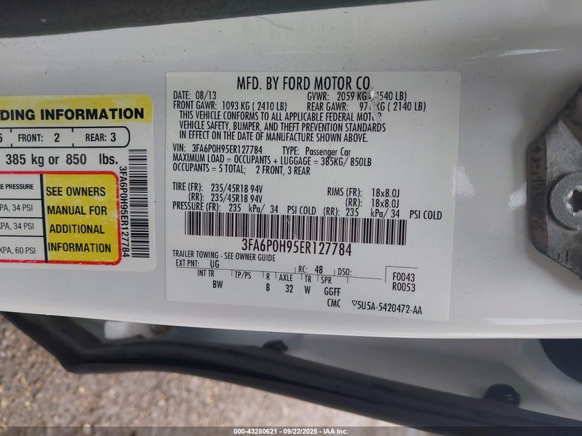 2014 Ford Fusion Se VIN: 3FA6P0H95ER127784 Lot: 43280621