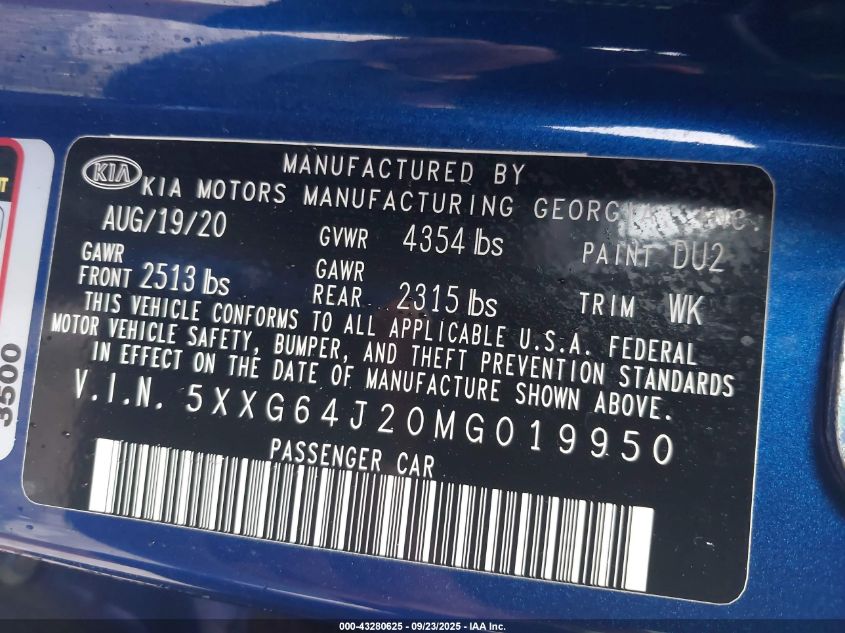 2021 Kia K5 Gt-Line VIN: 5XXG64J20MG019950 Lot: 43280625