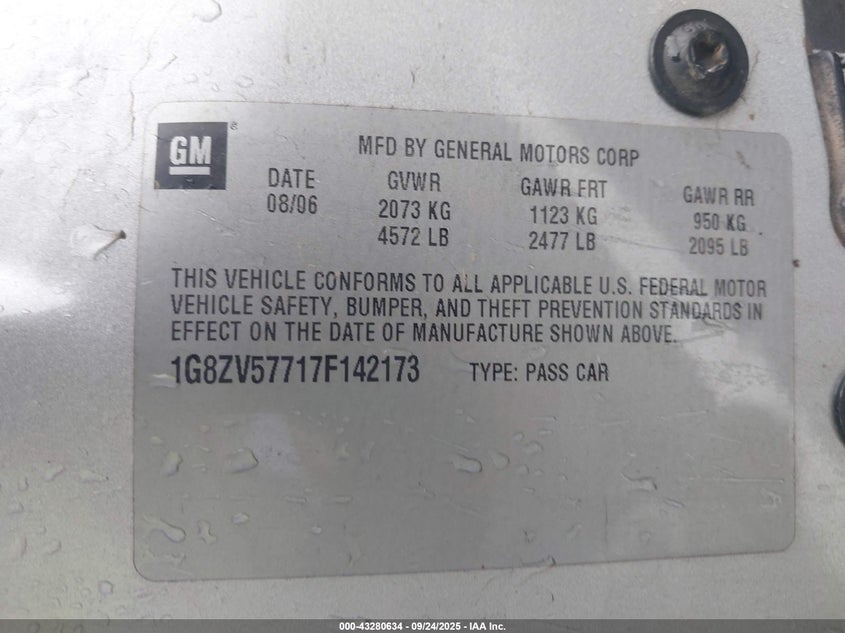 2007 Saturn Aura Xr VIN: 1G8ZV57717F142173 Lot: 43280634