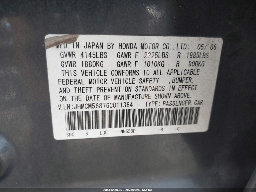 2006 Honda Accord 2.4 Ex VIN: JHMCM56876C011384 Lot: 43280635