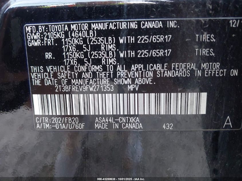 2015 Toyota Rav4 Le VIN: 2T3BFREV9FW271353 Lot: 43280638