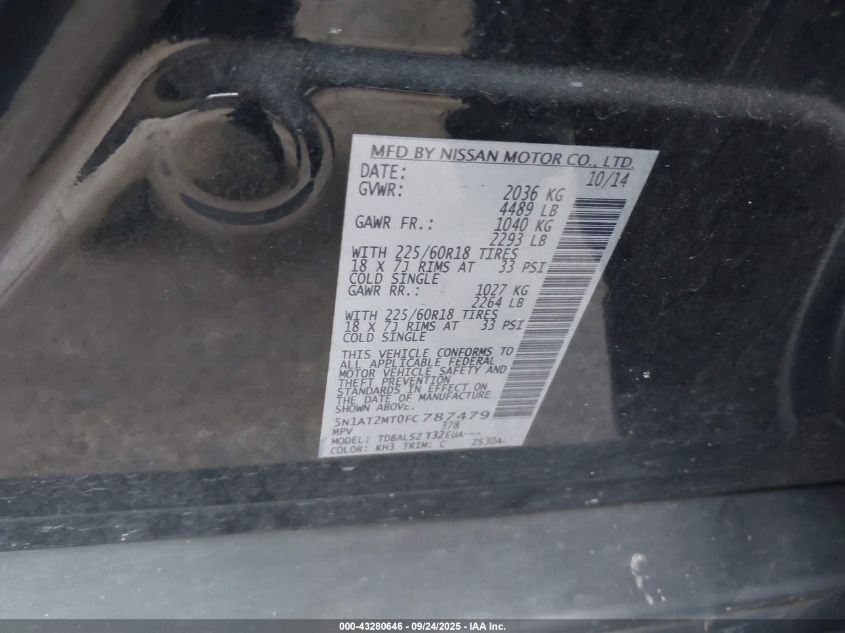 2015 Nissan Rogue Sl VIN: 5N1AT2MT0FC787479 Lot: 43280646