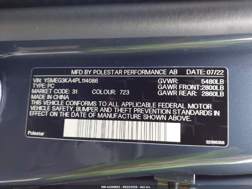 2023 Polestar 2 Long Range Single Motor/Long Range Single Motor Plus VIN: YSMEG3KA4PL114086 Lot: 43280652