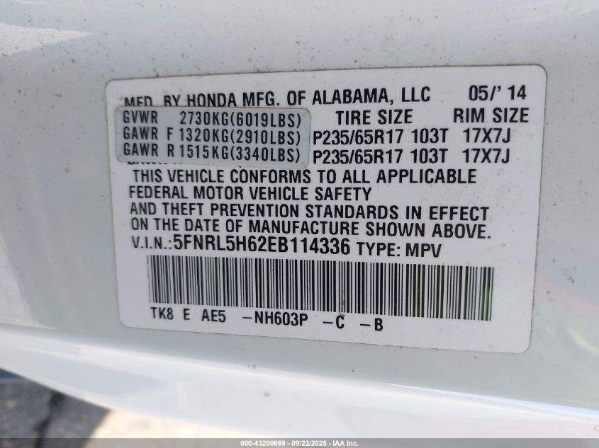 2014 Honda Odyssey Ex-L VIN: 5FNRL5H62EB114336 Lot: 43280669