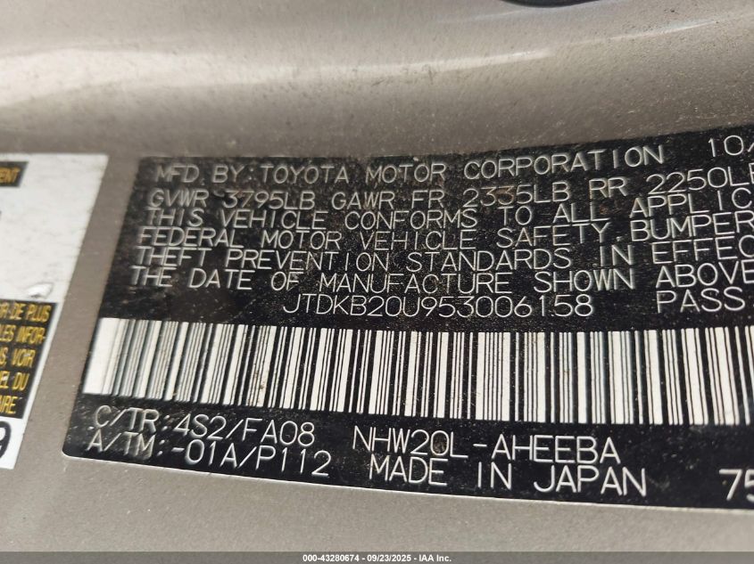 2005 Toyota Prius VIN: JTDKB20U953006158 Lot: 43280674