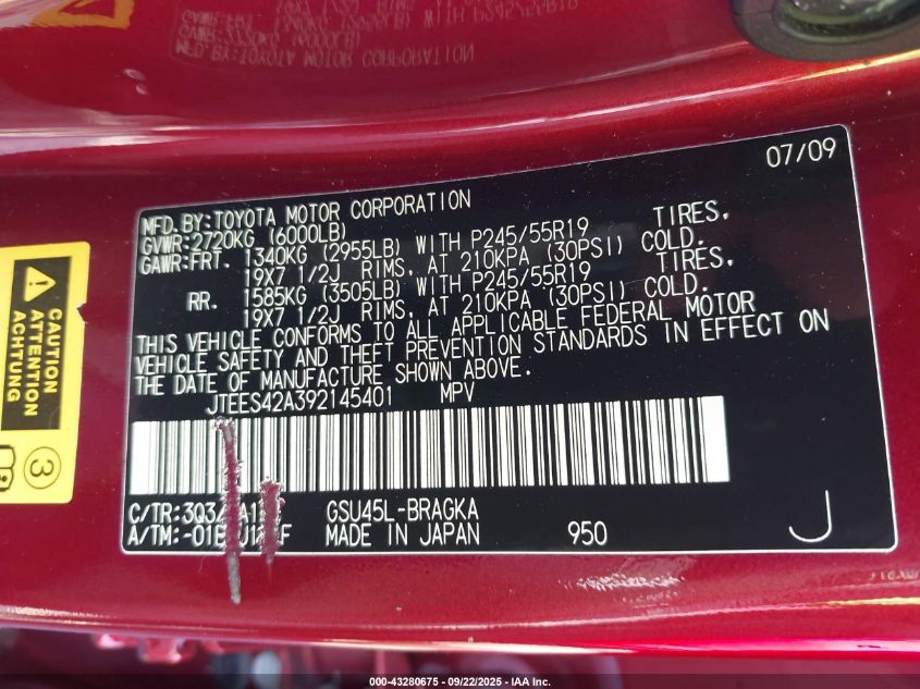 2009 Toyota Highlander Limited VIN: JTEES42A392145401 Lot: 43280675