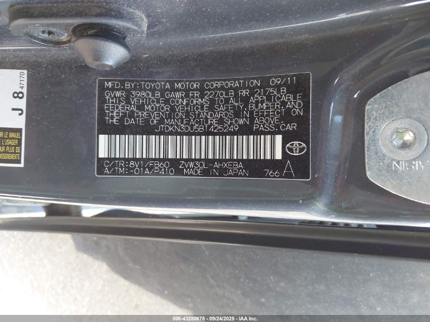 2011 Toyota Prius Two VIN: JTDKN3DU5B1425249 Lot: 43280678