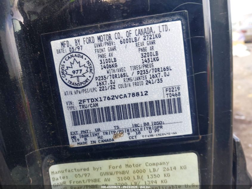 1997 Ford F-150 Lariat/Standard/Xl/Xlt VIN: 2FTDX1762VCA78812 Lot: 43280679