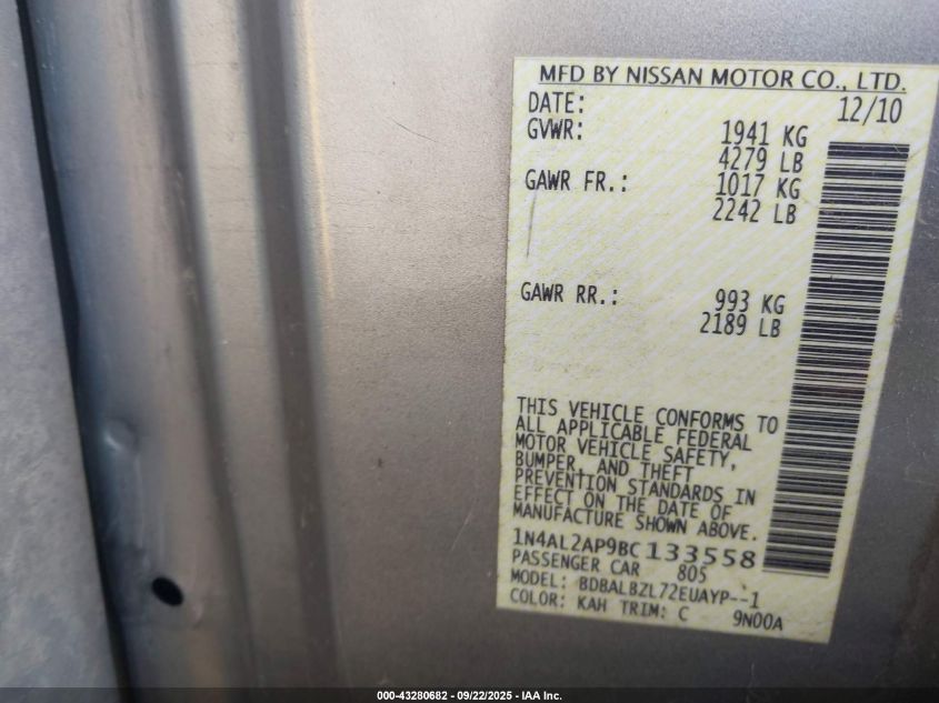 2011 Nissan Altima 2.5 S VIN: 1N4AL2AP9BC133558 Lot: 43280682