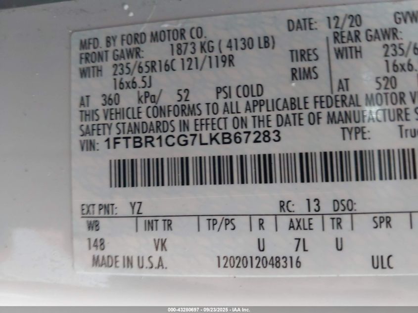 2020 Ford Transit-250 VIN: 1FTBR1CG7LKB67283 Lot: 43280697