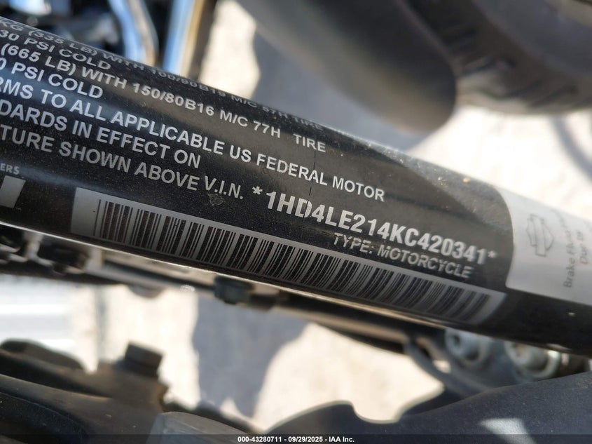 2019 Harley-Davidson Xl883 N VIN: 1HD4LE214KC420341 Lot: 43280711