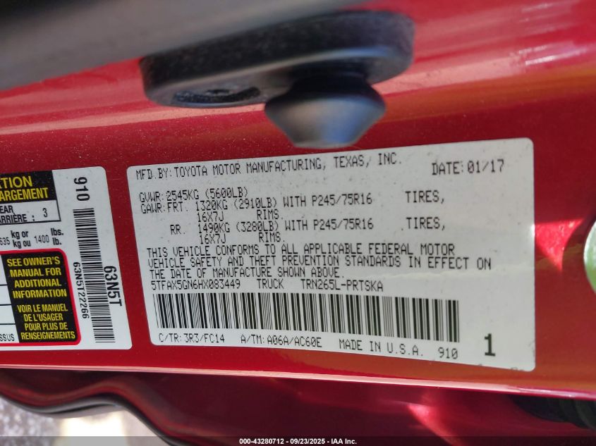 2017 Toyota Tacoma Sr5 VIN: 5TFAX5GN6HX083449 Lot: 43280712