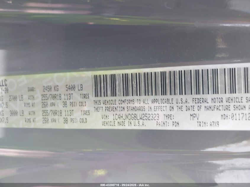 2020 Jeep Wrangler Unlimited Sport Altitude 4X4 VIN: 1C4HJXDG8LW252323 Lot: 43280716