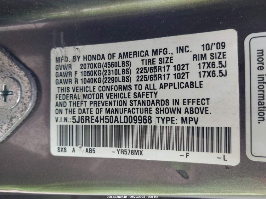 2010 Honda Cr-V Ex VIN: 5J6RE4H50AL009968 Lot: 43280740