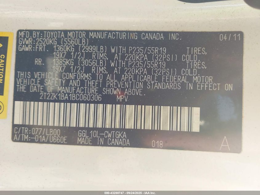 2011 Lexus Rx 350 VIN: 2T2ZK1BA1BC060306 Lot: 43280747