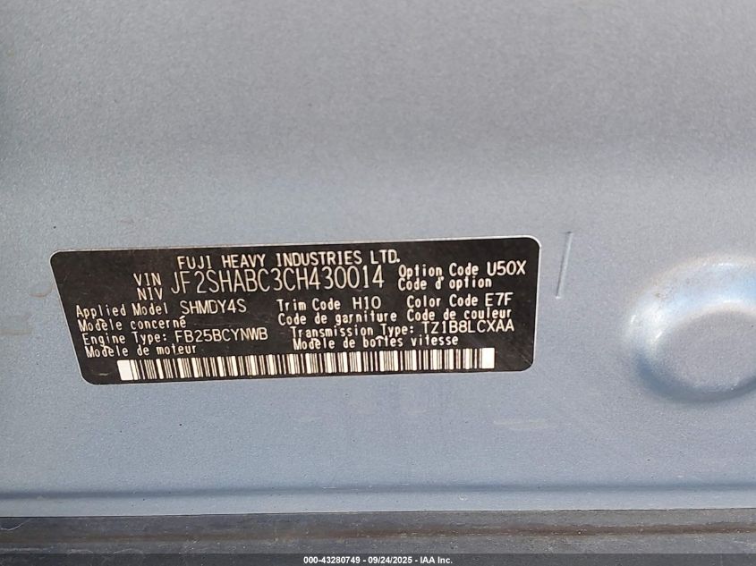 2012 Subaru Forester 2.5X VIN: JF2SHABC3CH430014 Lot: 43280749