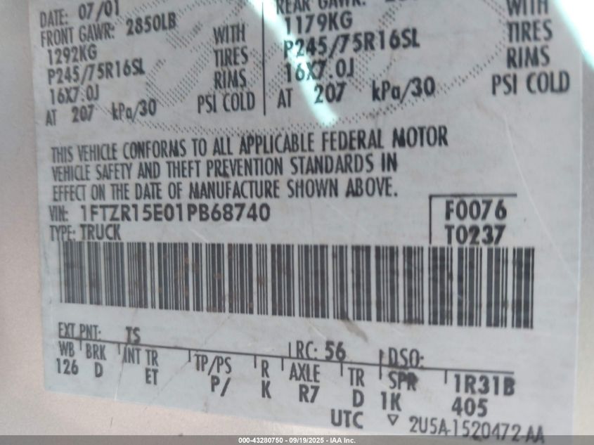 2001 Ford Ranger Edge/Xlt VIN: 1FTZR15E01PB68740 Lot: 43280750