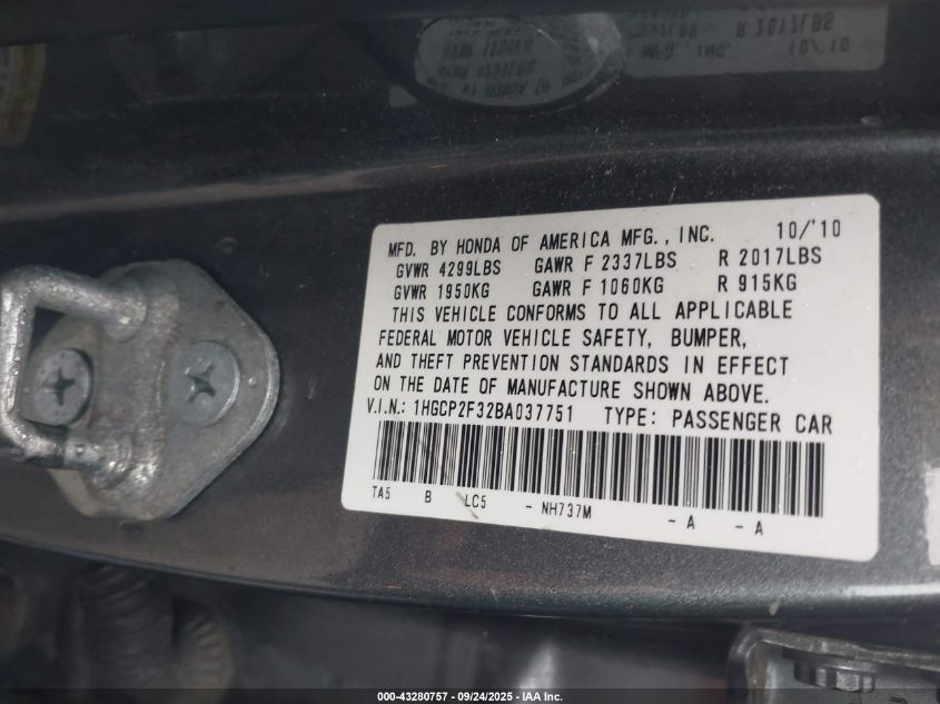 2011 Honda Accord 2.4 Lx VIN: 1HGCP2F32BA037751 Lot: 43280757