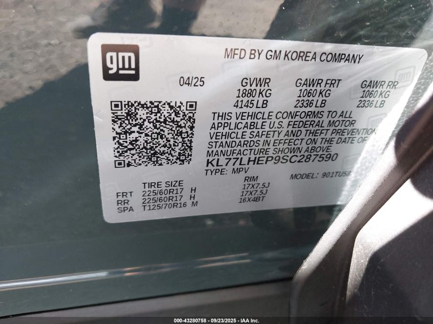 2025 Chevrolet Trax Fwd Lt VIN: KL77LHEP9SC287590 Lot: 43280758