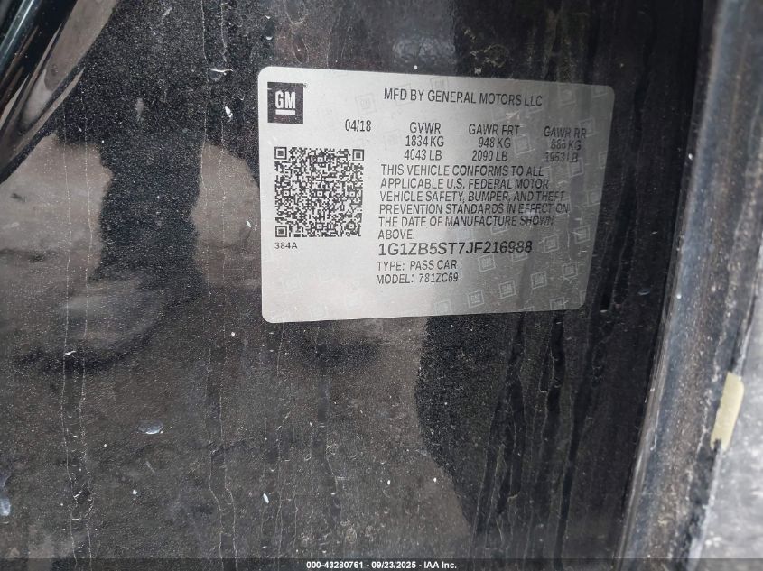 2018 Chevrolet Malibu 1Ls VIN: 1G1ZB5ST7JF216988 Lot: 43280761