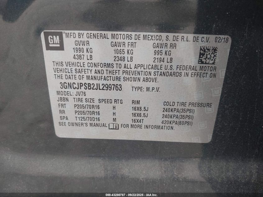 2018 Chevrolet Trax Lt VIN: 3GNCJPSB2JL299763 Lot: 43280787