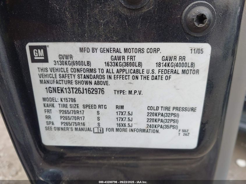 2006 Chevrolet Tahoe Lt VIN: 1GNEK13T26J162976 Lot: 43280796