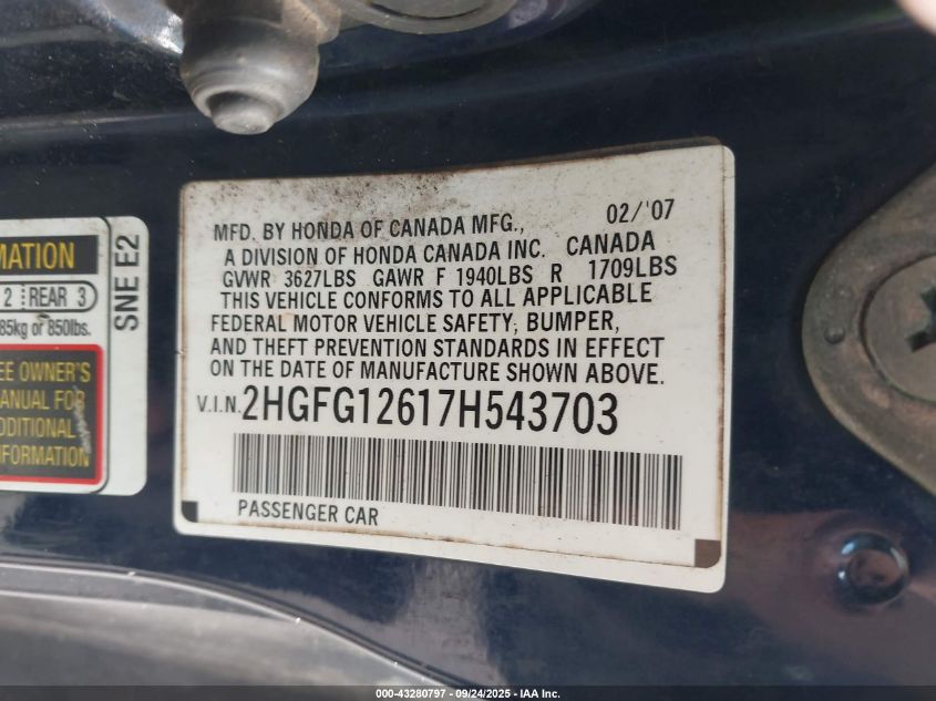 2007 Honda Civic Lx VIN: 2HGFG12617H543703 Lot: 43280797