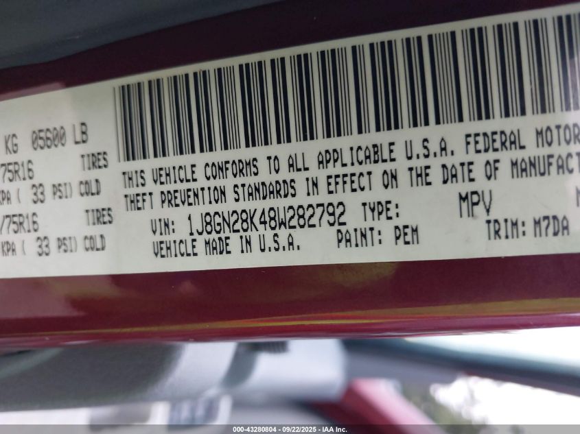 2008 Jeep Liberty Sport VIN: 1J8GN28K48W282792 Lot: 43280804