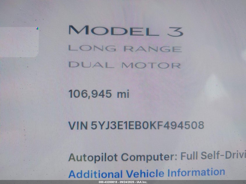 2019 Tesla Model 3 Long Range/Performance VIN: 5YJ3E1EB0KF494508 Lot: 43280818