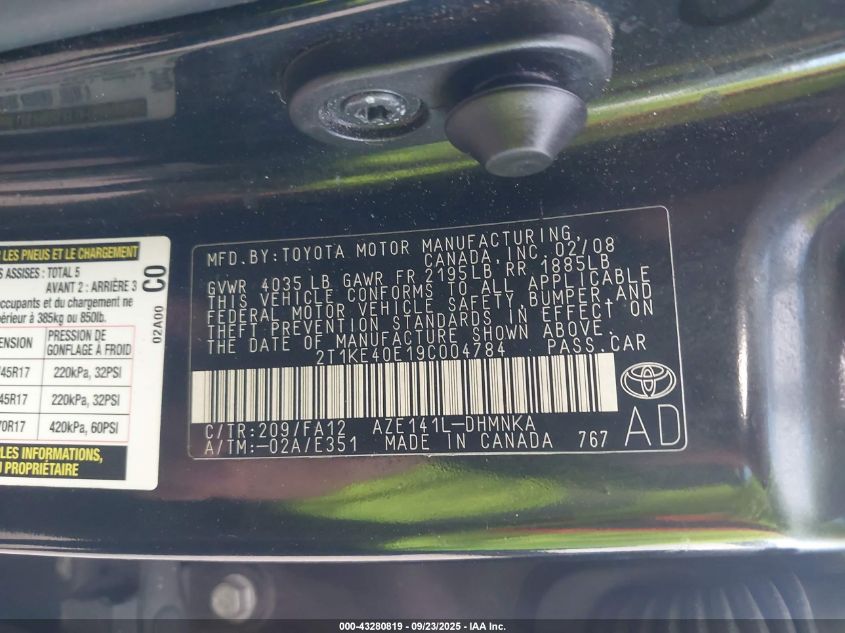 2009 Toyota Matrix S VIN: 2T1KE40E19C004784 Lot: 43280819