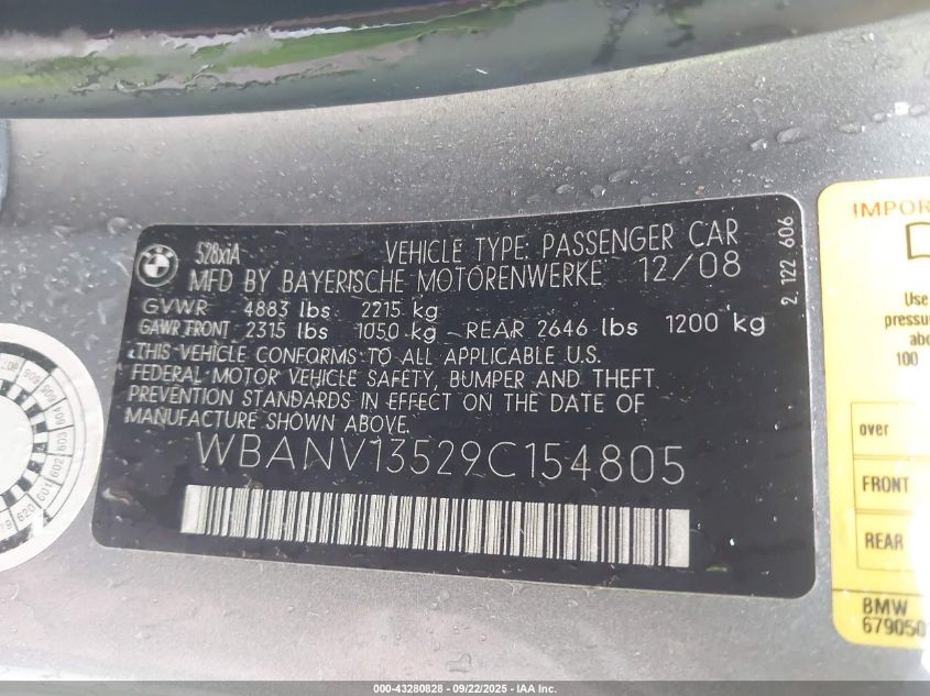 2009 BMW 528I xDrive VIN: WBANV13529C154805 Lot: 43280828