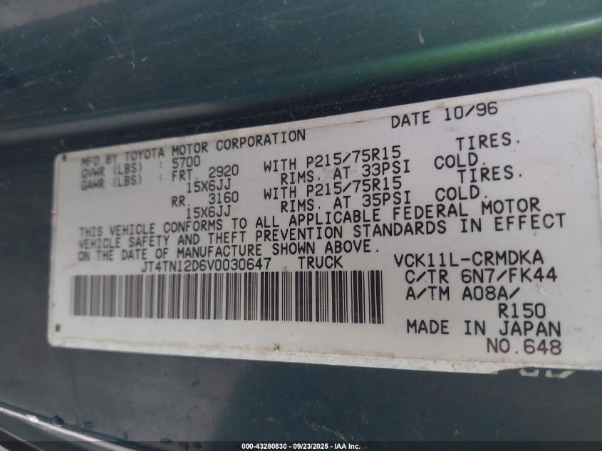 1997 Toyota T100 Dx V6 VIN: JT4TN12D6V0030647 Lot: 43280830