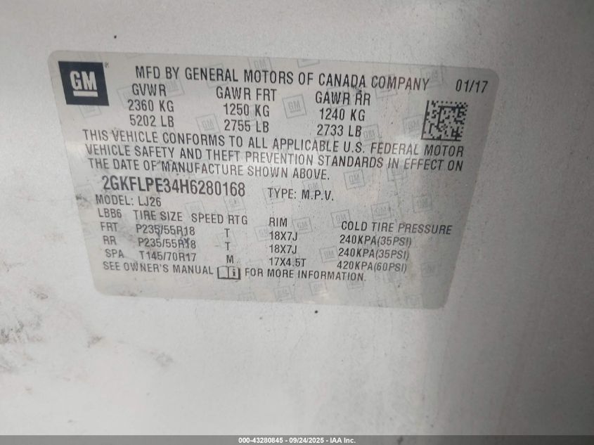2017 GMC Terrain Slt VIN: 2GKFLPE34H6280168 Lot: 43280845