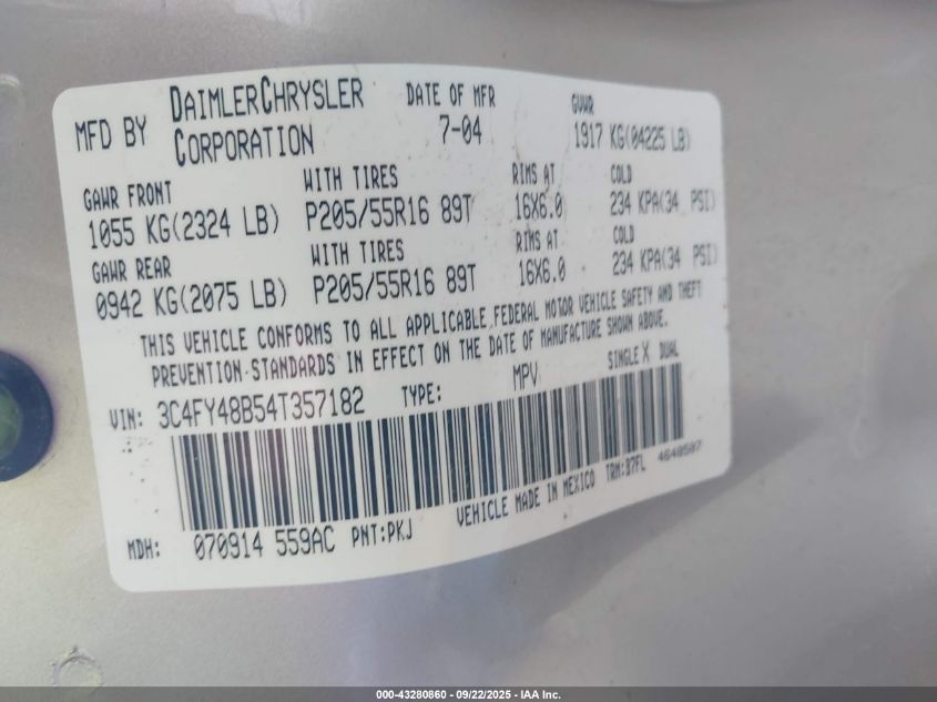 2004 Chrysler Pt Cruiser VIN: 3C4FY48B54T357182 Lot: 43280860