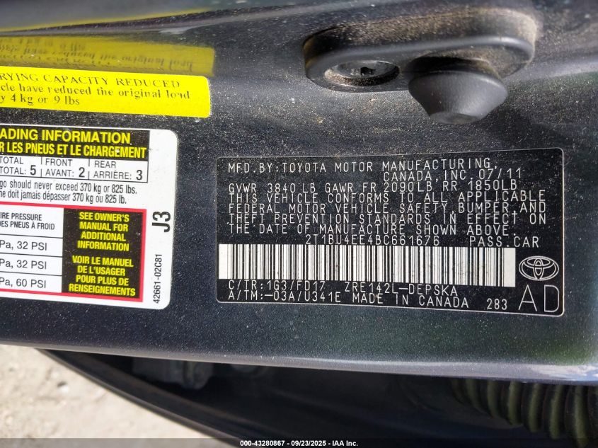 2011 Toyota Corolla S VIN: 2T1BU4EE4BC661676 Lot: 43280867