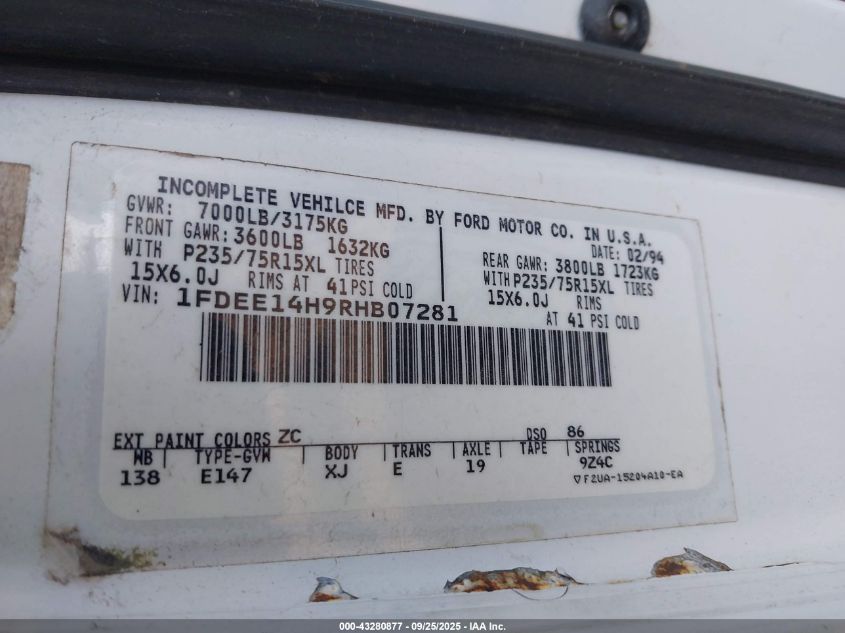 1994 Ford Econoline E150 Van VIN: 1FDEE14H9RHB07281 Lot: 43280877