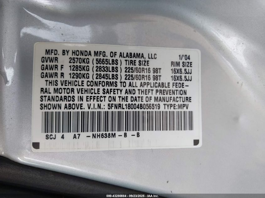 2004 Honda Odyssey Ex-L VIN: 5FNRL18004B056519 Lot: 43280884