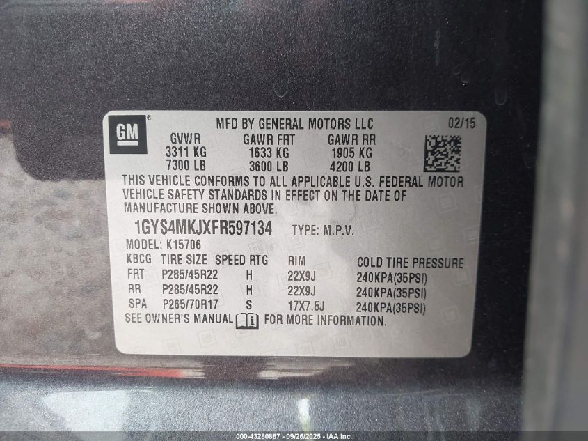 2015 Cadillac Escalade Luxury VIN: 1GYS4MKJXFR597134 Lot: 43280887