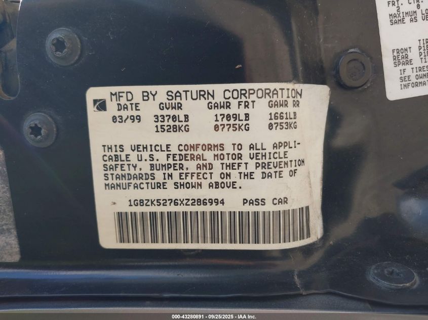 1999 Saturn Sl2 VIN: 1G8ZK5276XZ286994 Lot: 43280891