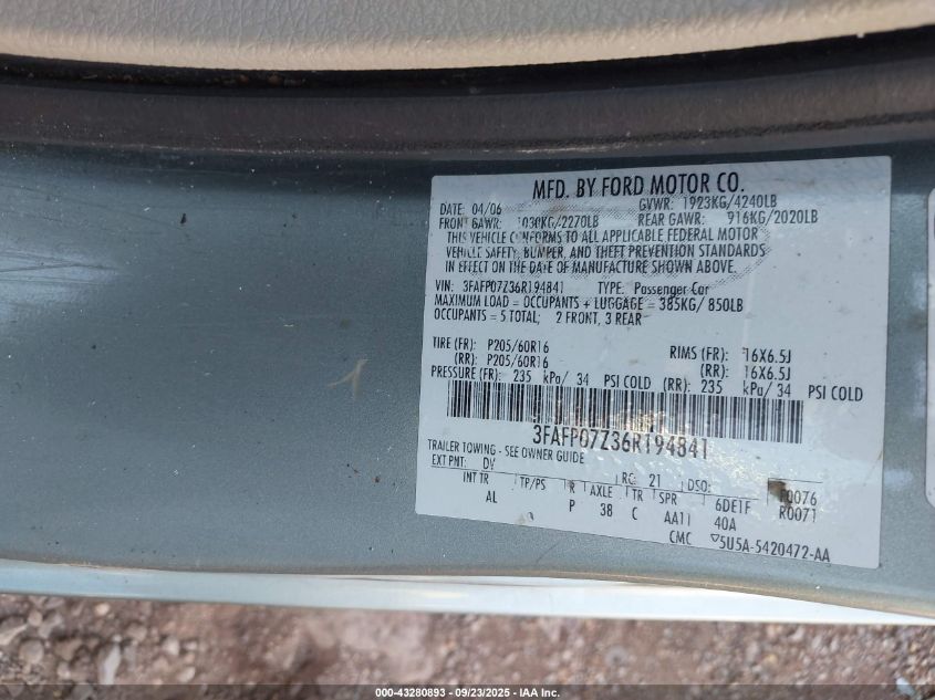 2006 Ford Fusion Se VIN: 3FAFP07Z36R194841 Lot: 43280893