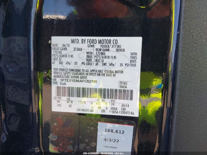 2010 Ford F-150 Stx/Xl/Xlt VIN: 1FTEX1E86AFC82195 Lot: 43280899