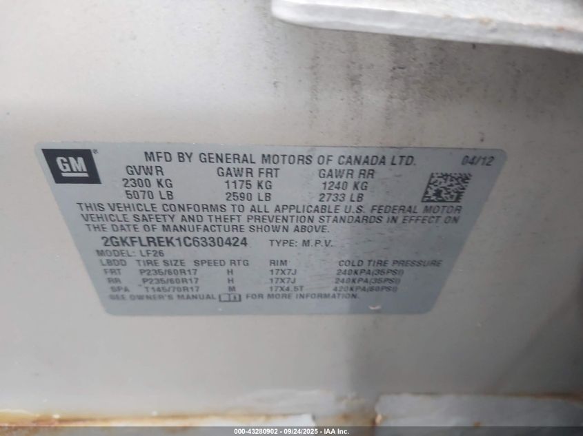 2012 GMC Terrain Sle-1 VIN: 2GKFLREK1C6330424 Lot: 43280902