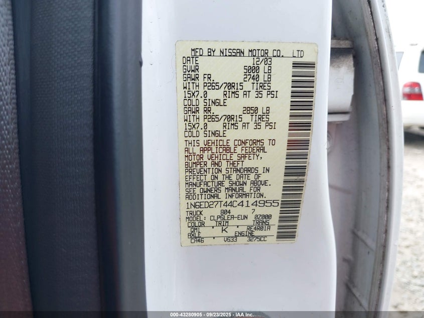2004 Nissan Frontier Xe-V6 VIN: 1N6ED27T44C414955 Lot: 43280905
