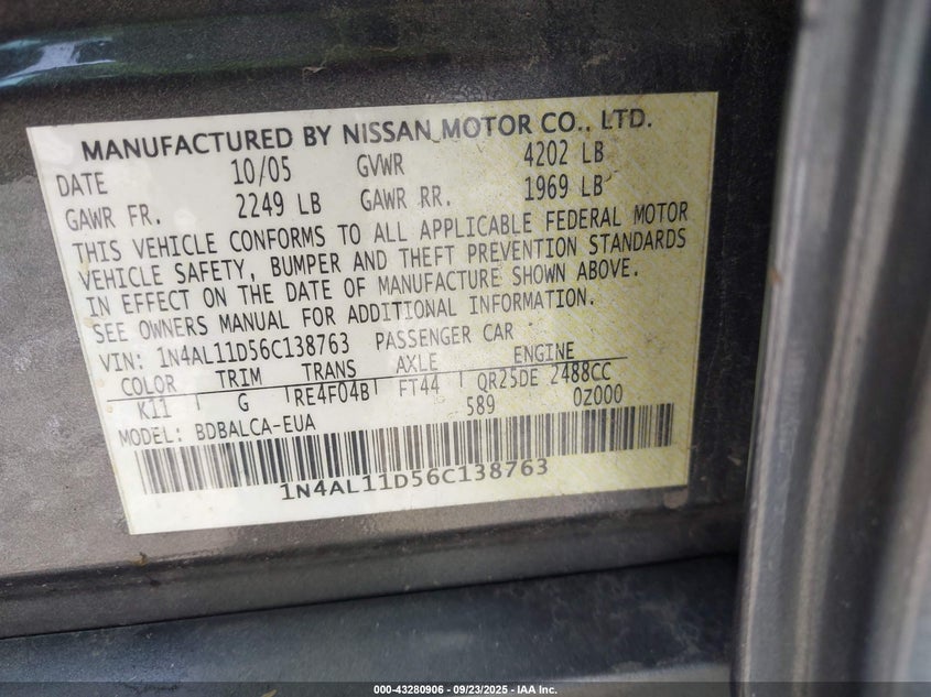 1N4AL11D56C138763 2006 NISSAN ALTIMA photo no. 9